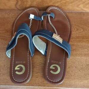 Guess Blue Denim and Brown Sandals with Chain Detail.